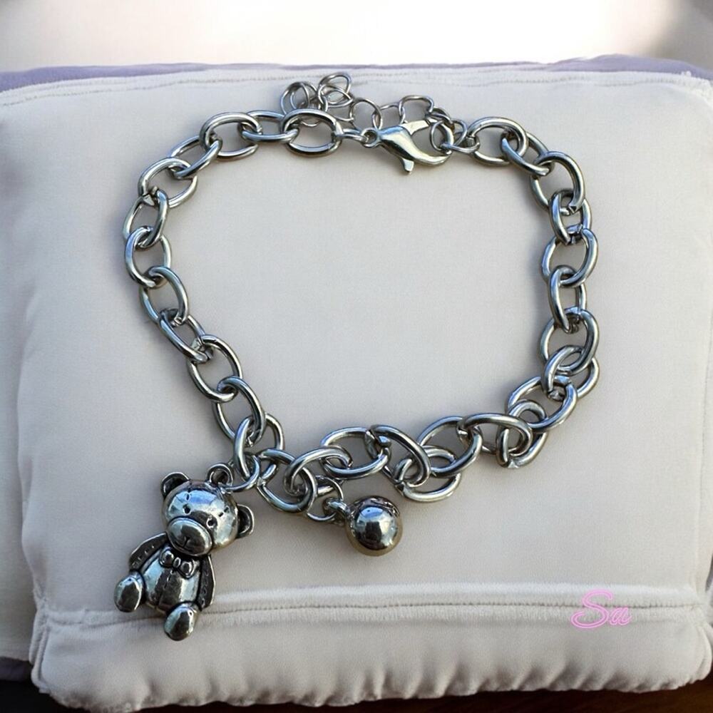925 Sterling Silver Charm Bracelet with Bear Pendant fit 6-7”